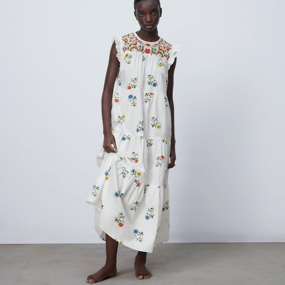 Zara White Embroidered floral Midi peasant Dress. - Picture 4 of 16